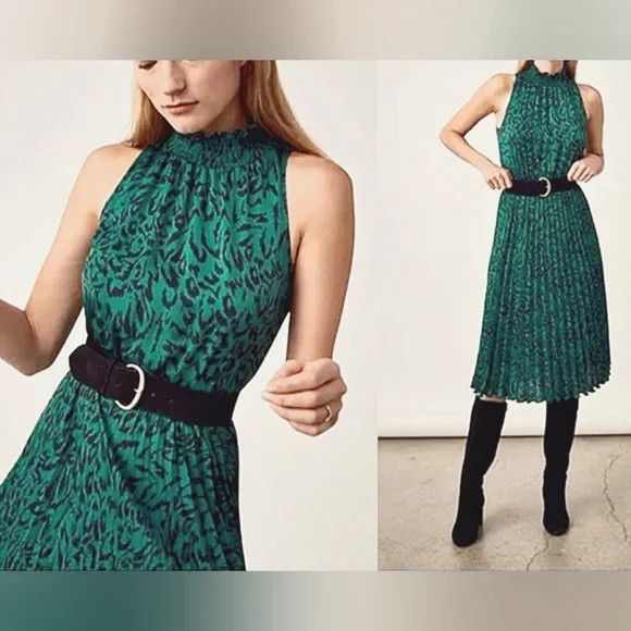 Banana Republic Leopard Satin Mock Neck Elastic Waist Pleated Dress NWT Size M / US 6-8 / IT 42-44 - 2 Thumbnail