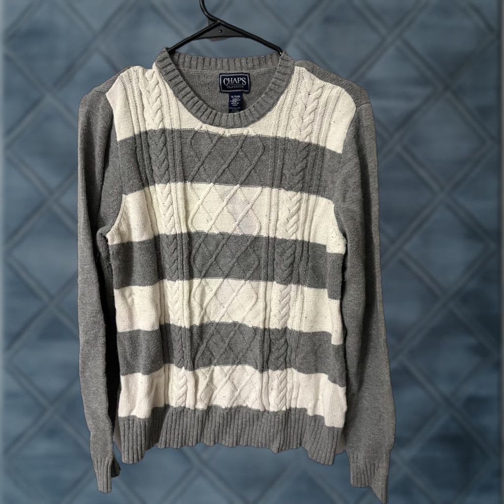 Chaps VINTAGE Chaps Crew Neck Sweater Shirt XL Gray Cream Stripes Mens Size US XL / EU 56 / 4 - 1 Thumbnail