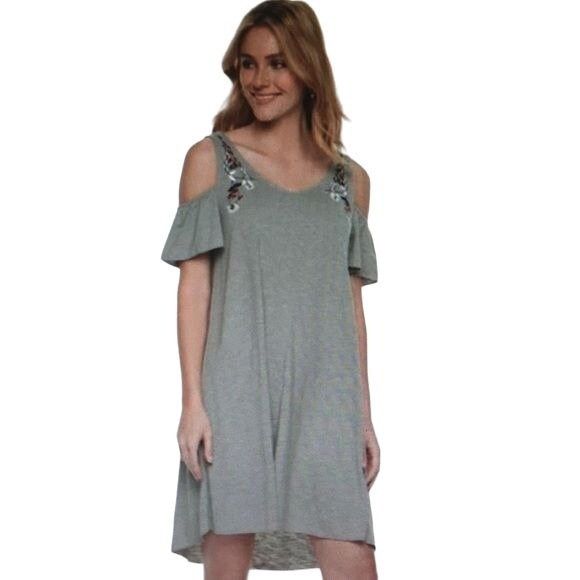 Sonoma Sonoma Cold Shoulder Embroidered Dress S Grey V Neck Knee Le ...