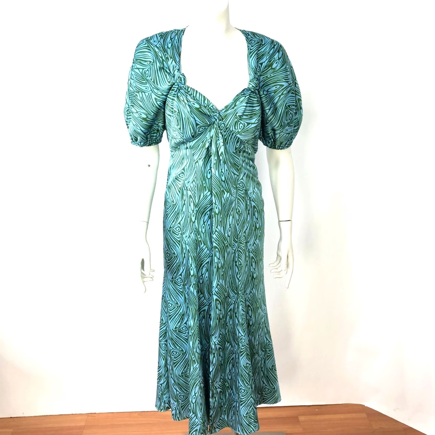 Cinq a Sept Cinq a Sept Dress Mermaid Puff Sleeve Zip Open Front 4 Polyester Blue Green Dress Shirt Womens Regular Blue Modern Geometric Pattern Long Dress Size S / US 4 / IT 40 - 2 Thumbnail