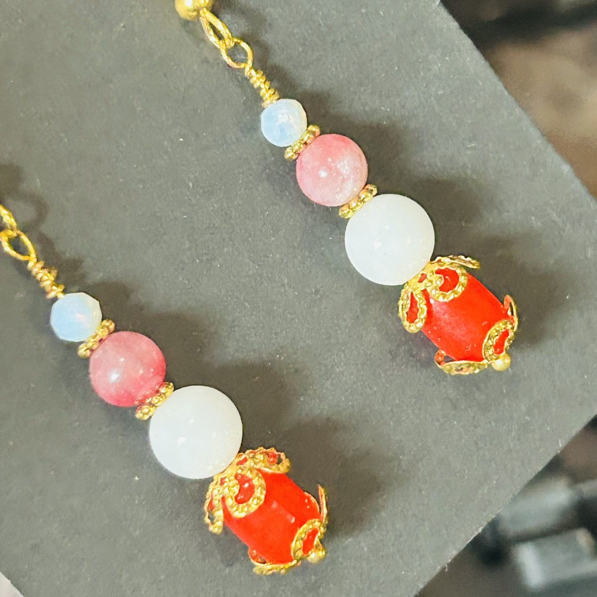 Handmade Handcrafted red cat eye glass barrel milk glass earrings Size ONE SIZE - 3 Thumbnail
