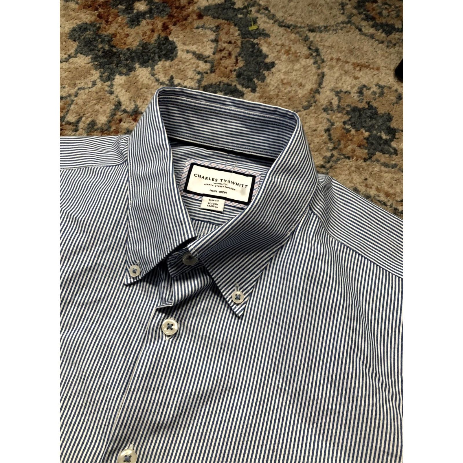 Charles Tyrwhitt Charles Tyrwhitt Dress Shirt Mens 17 34/35 Slim Non-Iron Blue Stripe Shirt Size 46R - 7 Thumbnail