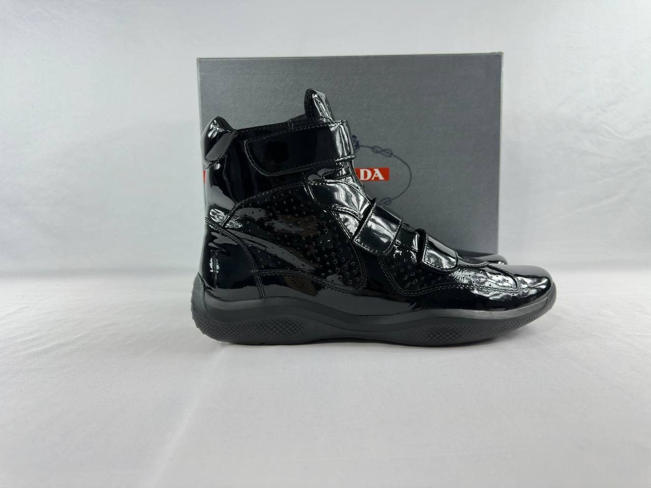 Prada America's Cup High Top Black Patent Leather Sneakers