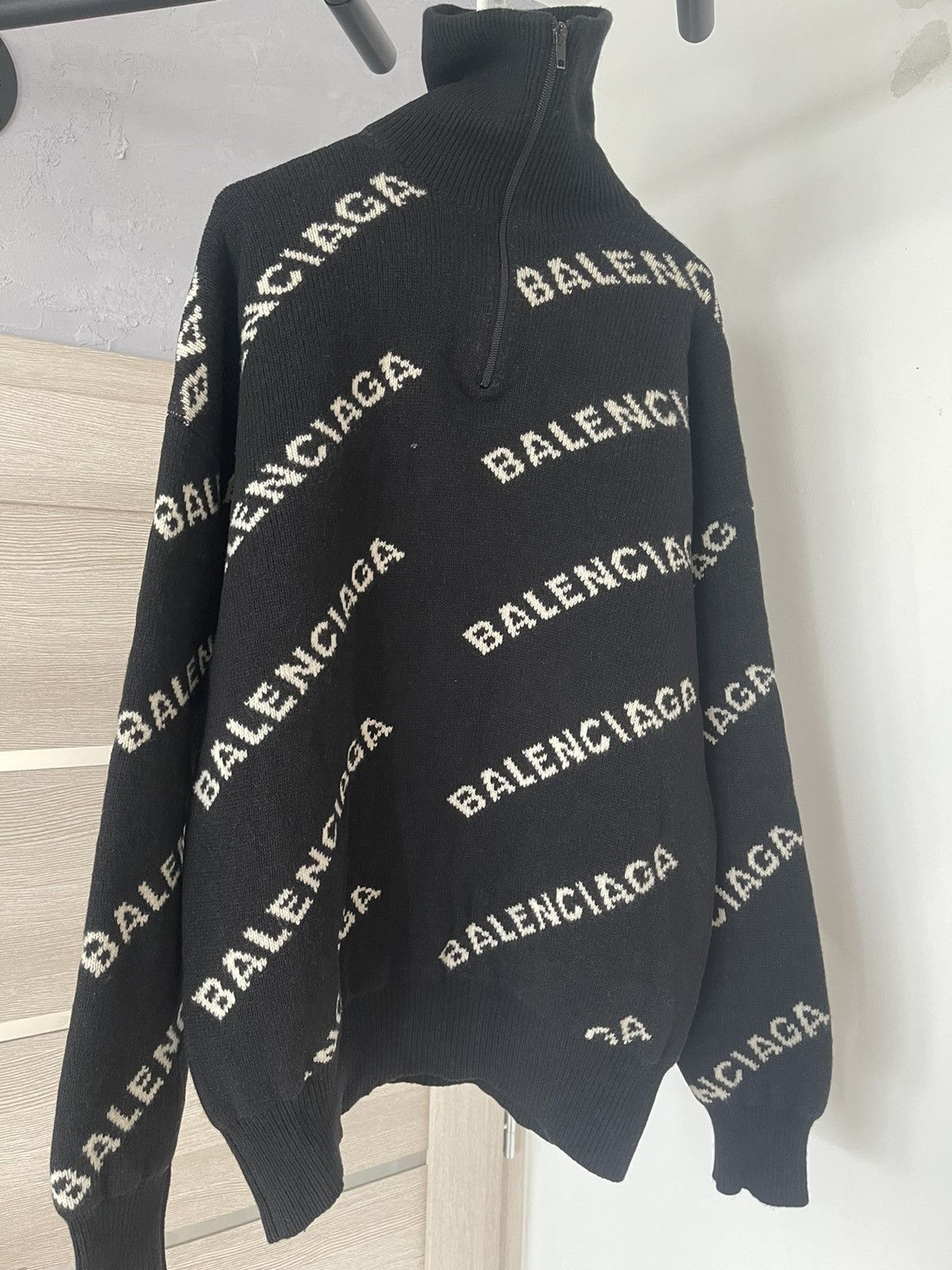 image of Balenciaga Turtleneck Cardigan Knit Sweater Quarter Zip in Black, Men's (Size Medium)