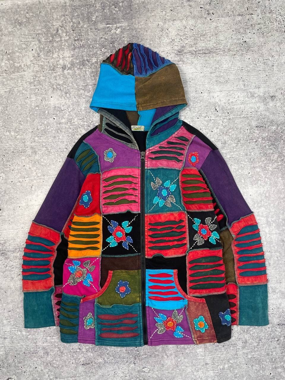 Vintage Nepal Style Patchwork Zip Up Hoodie Y2K