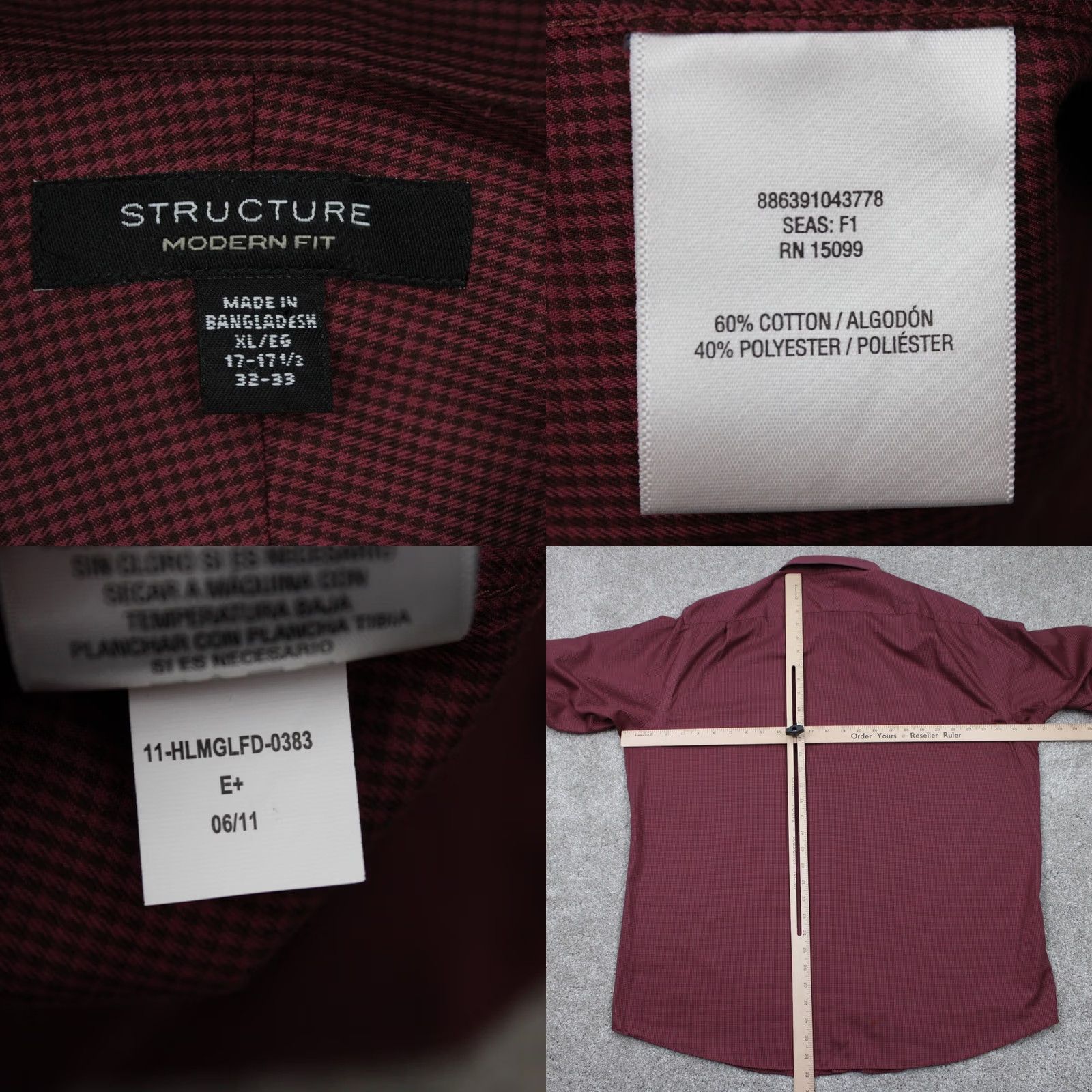 Vintage Structure Dress Shirt Mens 17-17 1/2, 32/33 XL Red Modern Fit Cotton/Poly L/S Shirt Size 48R - 8 Thumbnail