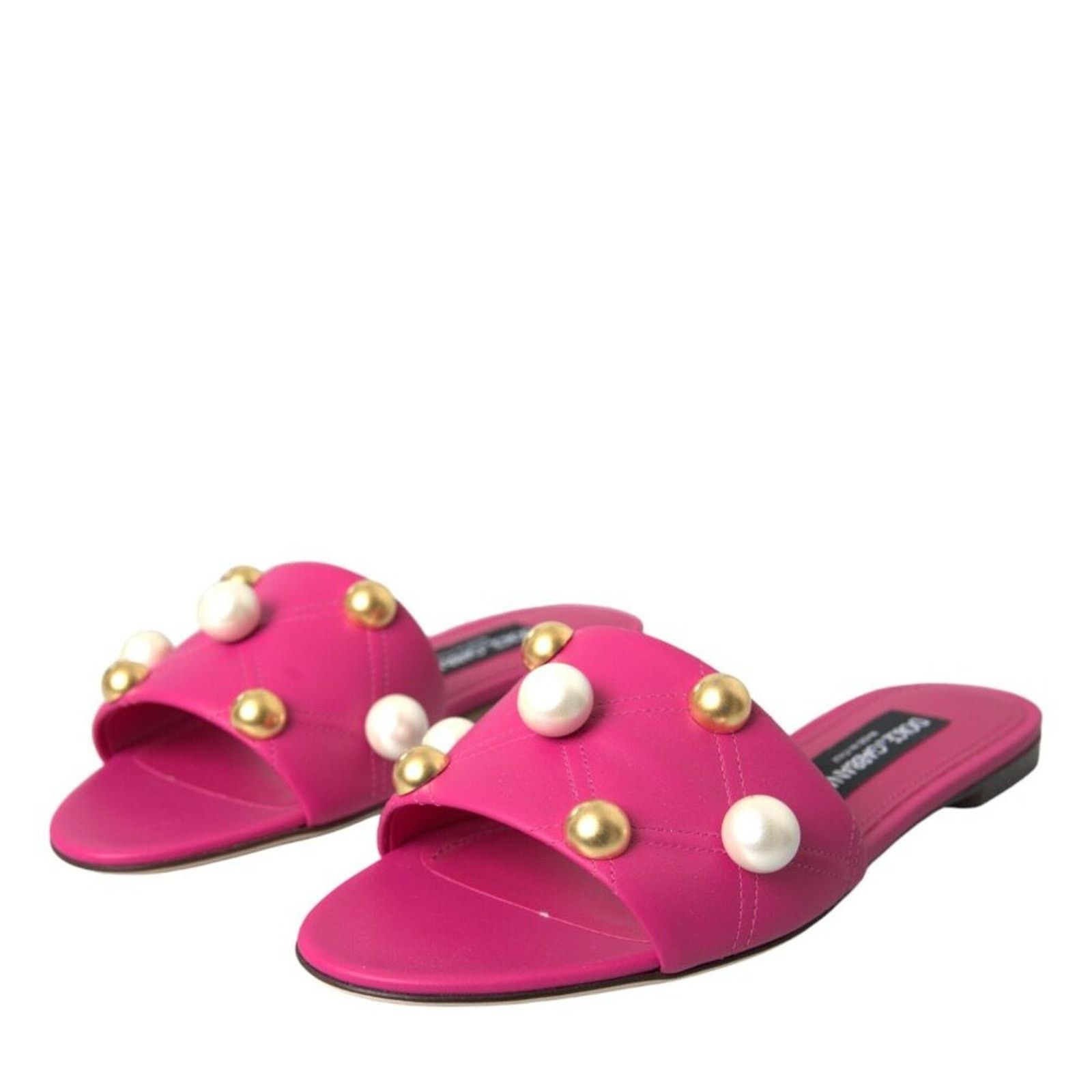 Dolce & Gabbana Dolce & Gabbana Pink Pearl Embellished Leather Flats Sandals Size US 9 / IT 39 - 1 Thumbnail