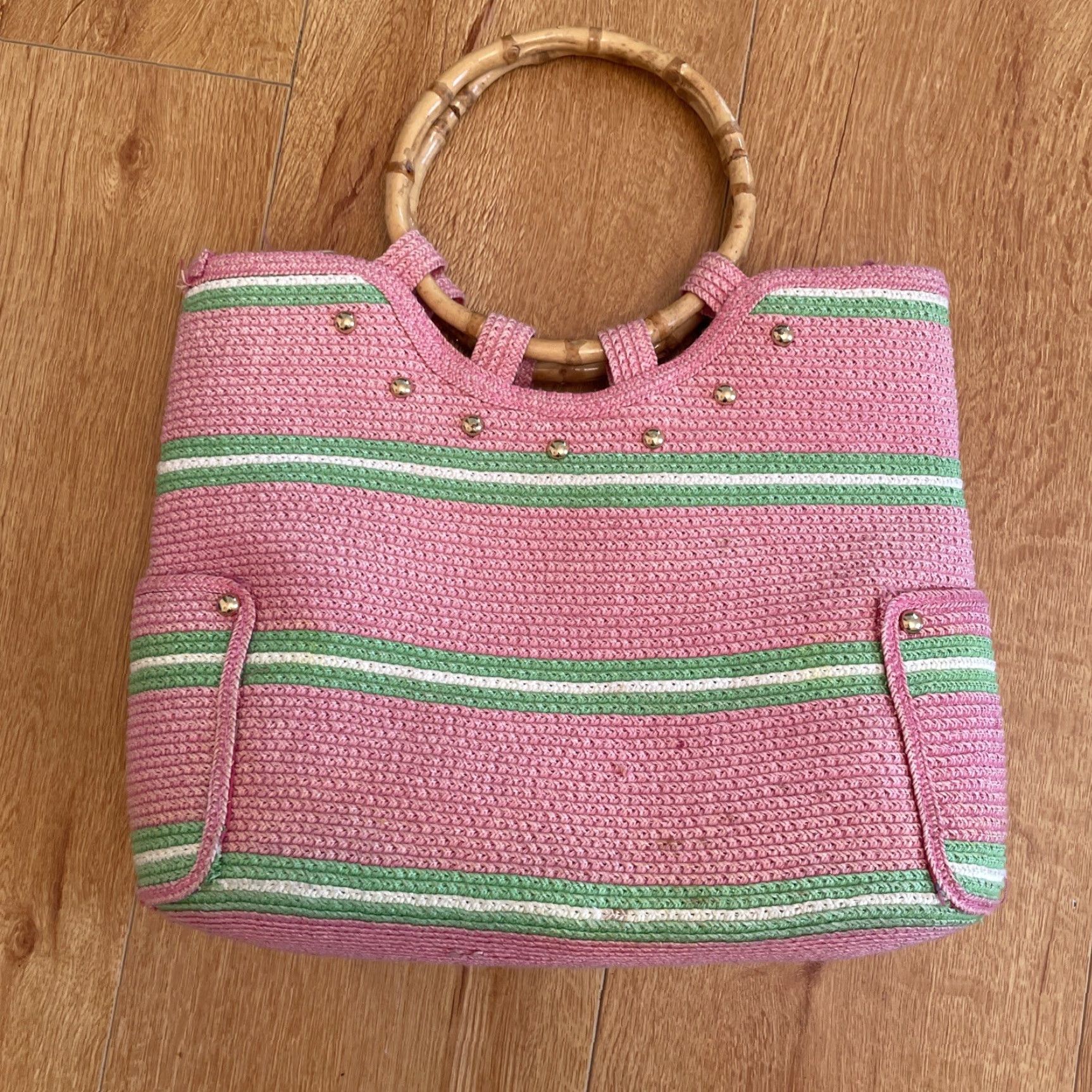 Vintage VTG Raphia Stripe Tote Bag Top Handle Bamboo Handles Pink Green Stripe Boho Women Small Size ONE SIZE - 3 Thumbnail