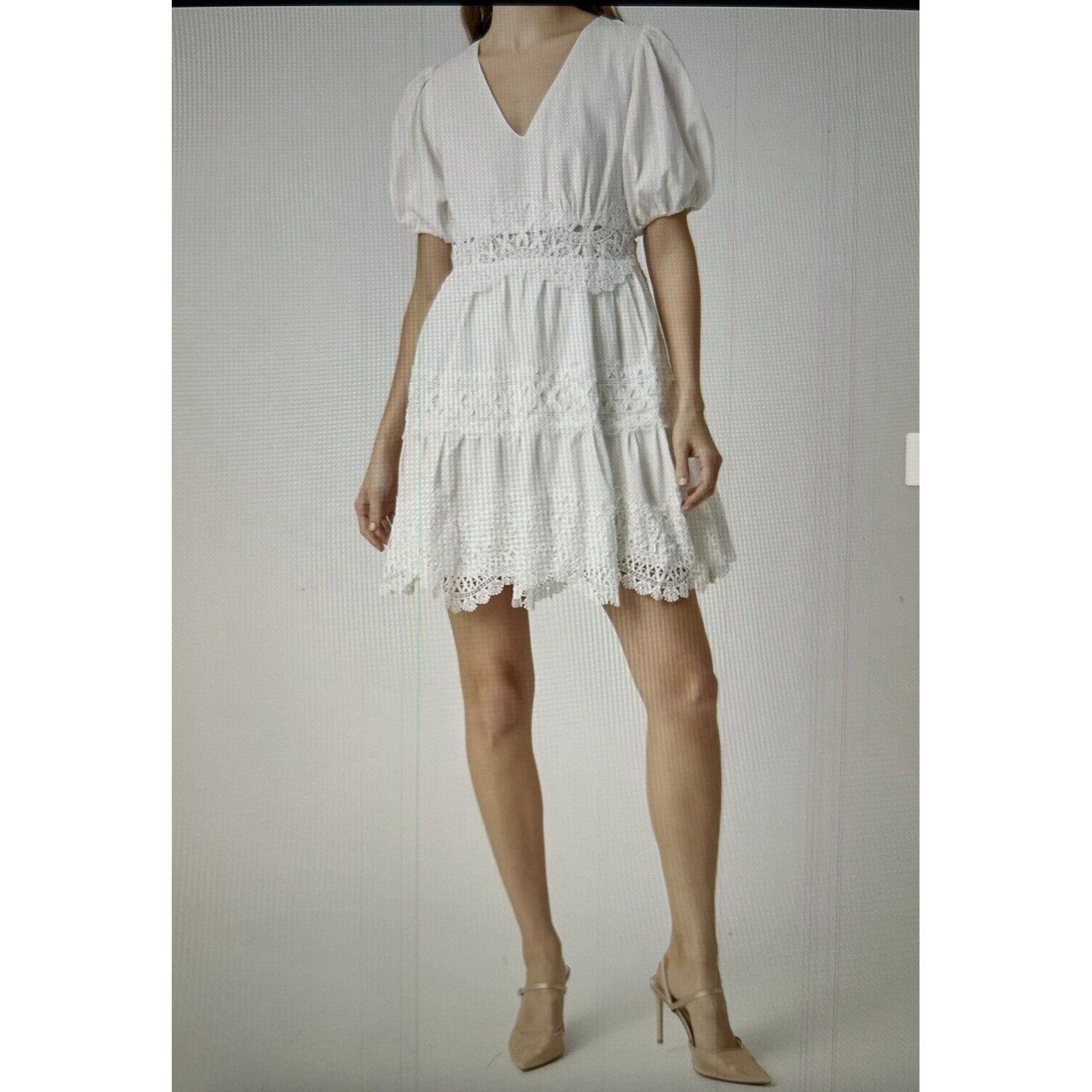 Designer ENDLESS ROSE White Puff Sleeve V-Neck Lace Trim Mini Dress S Size M / US 6-8 / IT 42-44 - 2 Thumbnail
