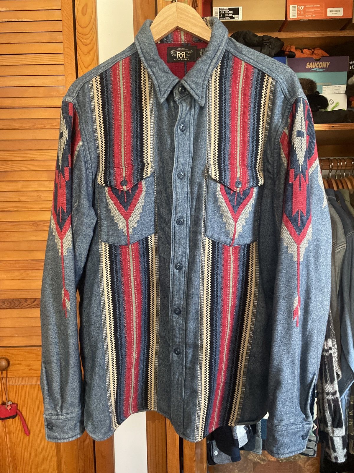 image of Rrl Ralph Lauren Rrl Double Rl 2019 Navajo Blanket Flannel Shirt Sz. L in Grey, Men's (Size Large)