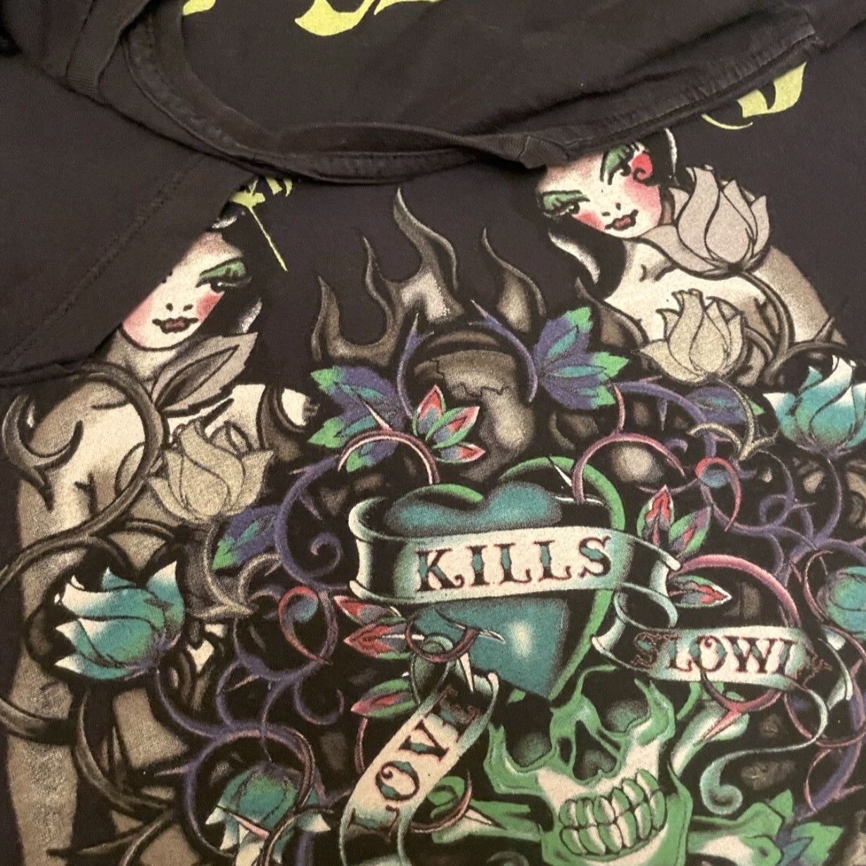 Ed Hardy VINTAGE Ed Hardy T-Shirt Womens XL Black Skull Tattoo Rose Heart Love Kills Slow Y2K 90s Grunge Punk Hip Hop Size XL / US 12-14 / IT 48-50 - 3 Thumbnail