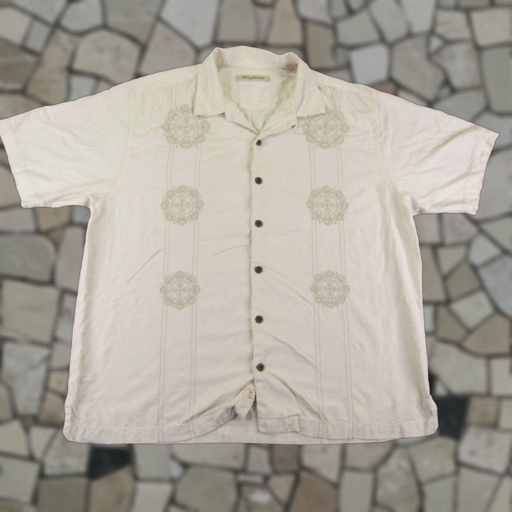 Tommy Bahama VINTAGE Tommy Bahama Shirt Mens XL Beige Silk Button Up Loop Collar Camp Geometric Shirt Size US XL / EU 56 / 4 - 1 Thumbnail