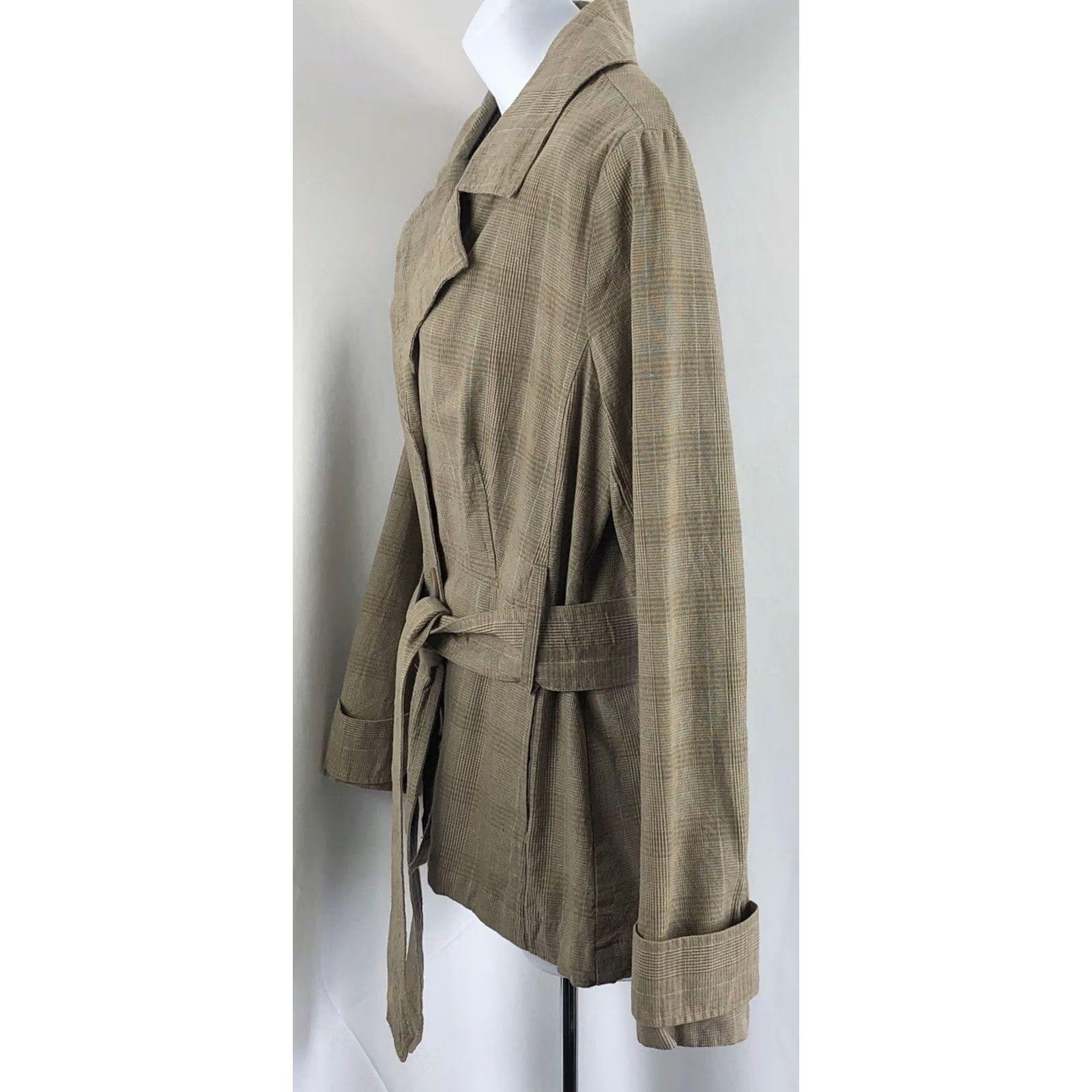 Vintage Miss Lili Blazer Jacket Plaid Belted Pockets Short Trench 90s Y2K Brown Tan Women's M Size 32" / US 10 / IT 46 - 2 Thumbnail