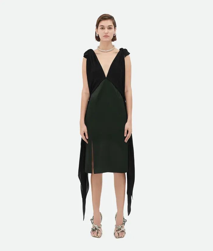 Bottega Veneta o1bcso1str0725 Fluid Silk Midi Dress in Black/Green Size XL / US 12-14 / IT 48-50 - 1 Thumbnail