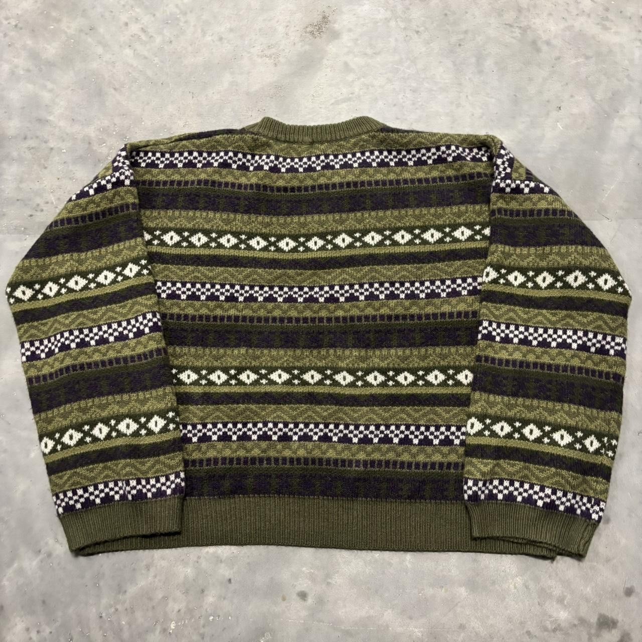 Japanese Brand × Vintage Crazy Vintage Y2K/2000s Green Striped Pattern Coogi Style Boxy Sweater! Size US L / EU 52-54 / 3 - 7 Thumbnail