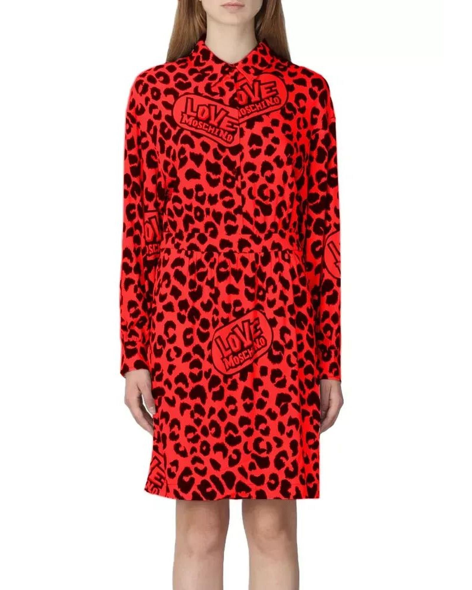 image of Moschino Viscose Long Dress With Shirt Collar And Leopard Print in Red, Women's (Size Small)