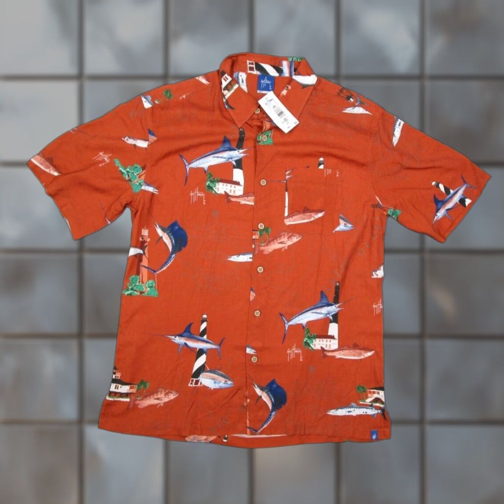 Guy Harvey AFTCO Guy Harvey Men's Large Orange Short Sleeve Button-Up Hawaiian Shirt Marlin Lighthouse Geometric Tropical 70s 80s Size US L / EU 52-54 / 3 - 1 Thumbnail