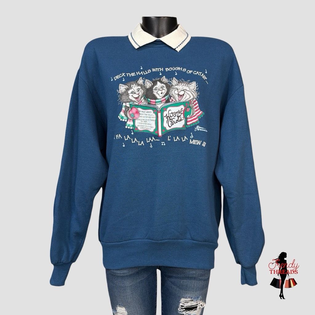 Vintage 80s 90s VTG Kitty Cat Christmas Graphic Whimsical Sweater Sw Size L / US 10 / IT 46 - 3 Thumbnail