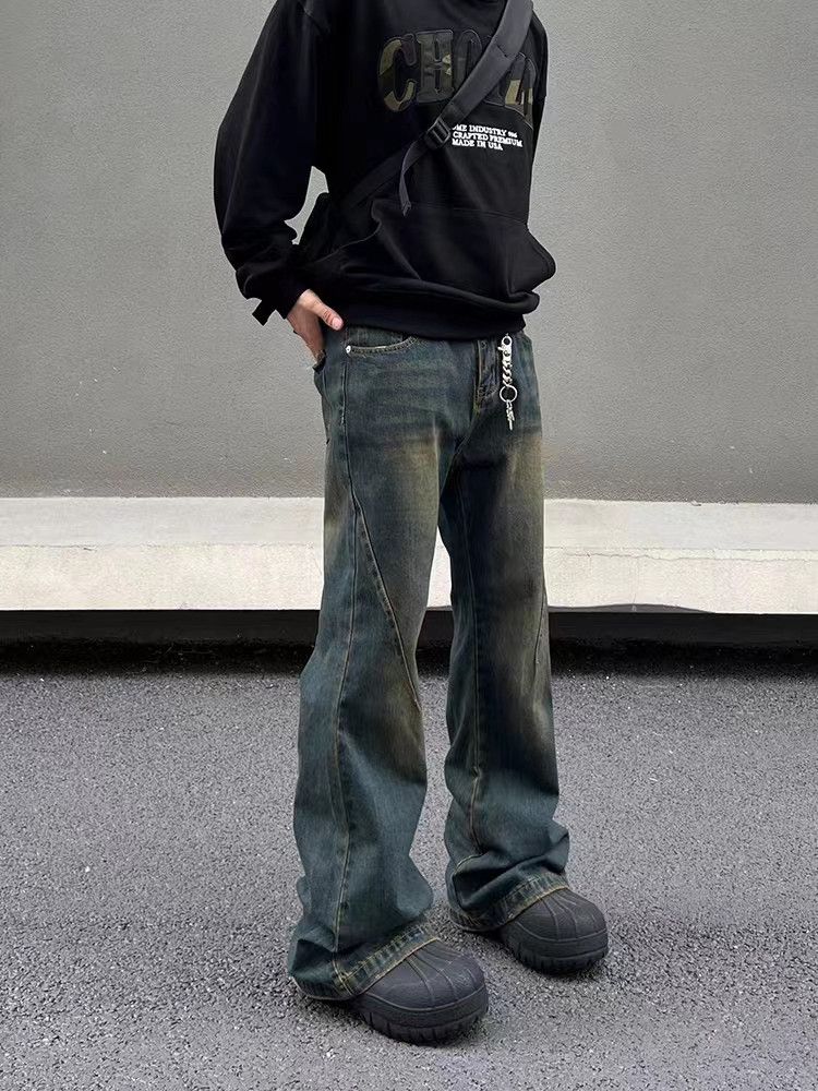 Vintage washed distressed mud-dyed micro-flared jeans