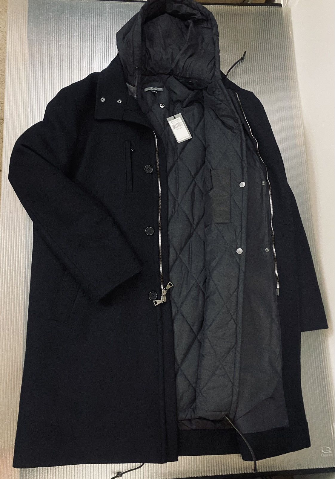 John Varvatos John Varvatos 🇮🇹 noir wool techno lined hood overcoat 56 NEW Size US XL / EU 56 / 4 - 8 Thumbnail