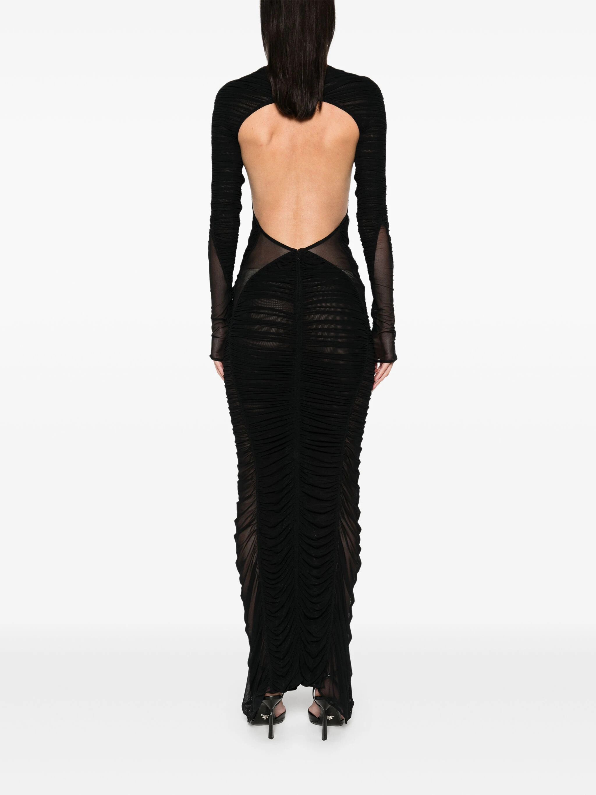 Mugler o1s22i1n1024 Mesh Fabric Ruffled Maxi Dress in Black Size XS / US 0-2 / IT 36-38 - 3 Thumbnail