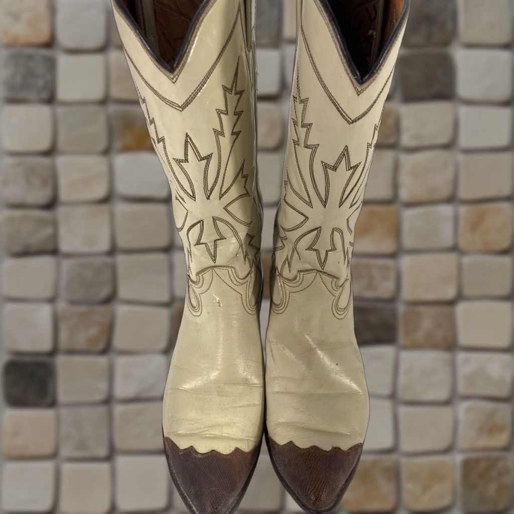 VINTAGE Nocona Boots Women Boots Ivory Cream Leather Lizard Toe Trim Western Rodeo VTG B 6 Women Country United States