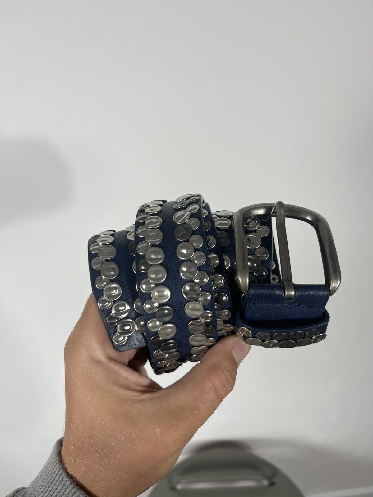 Vintage Blue Leather Belt with Silver Metal Studs Punk Rock Style Size ONE SIZE - 6 Thumbnail