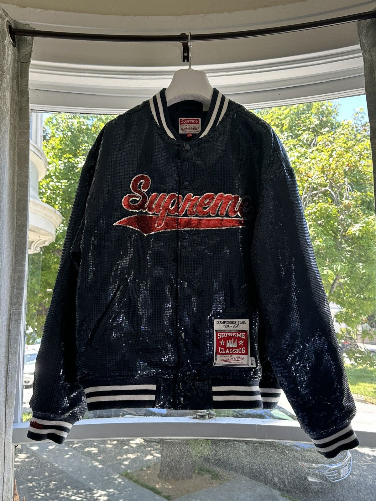 image of Mitchell Ness x Supreme Mitchell & Ness Sequin Varsity Jacket Size XL in Blue, Men's