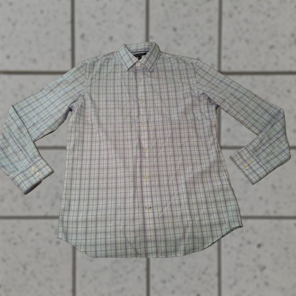 Banana Republic Mens Banana Republic Large Dress Shirt White Purple Button Cotton Size 42R - 1 Thumbnail