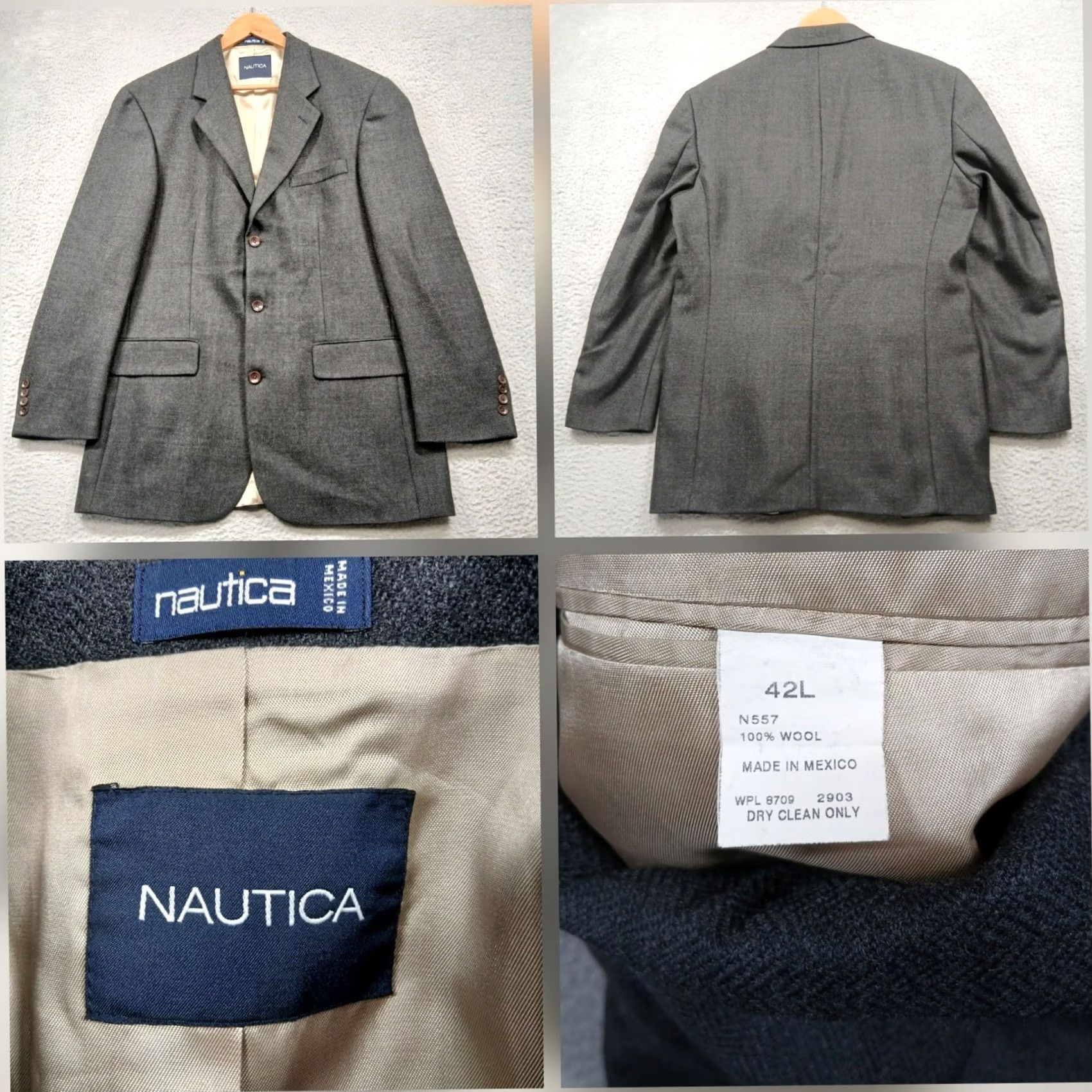 Nautica Nautica Mens Sport Coat Blazer Wool Gray Classic Two Button 42L Size 42R - 2 Thumbnail
