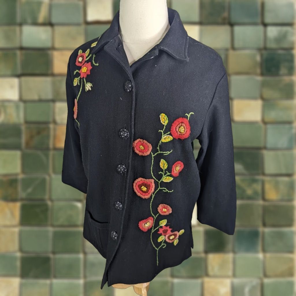 Vintage VINTAGE Parsley & Sage Women's XL Pea Coat Jacket Black Wool Floral Embroidered Coatigan Size XL / US 12-14 / IT 48-50 - 1 Thumbnail