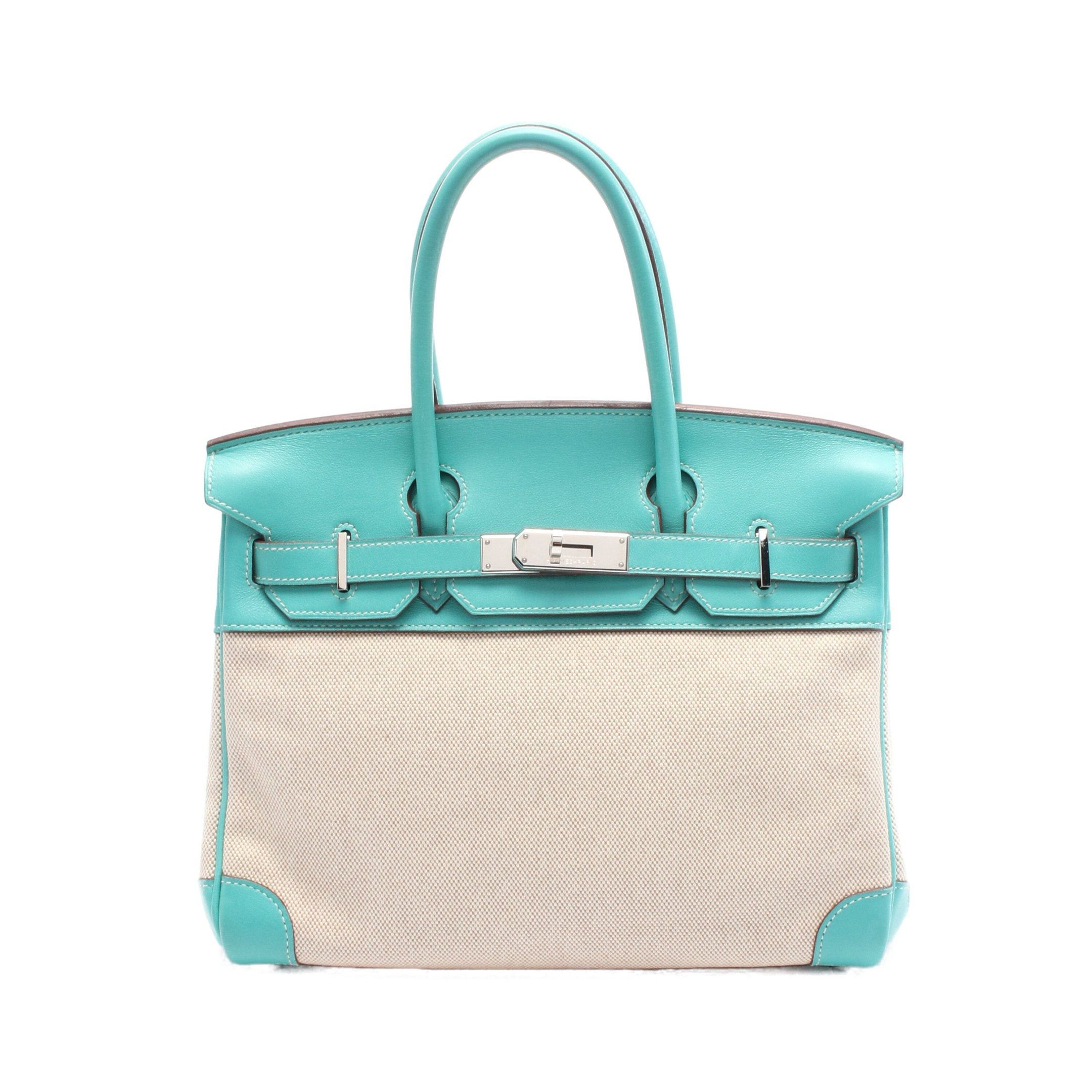 Hermes Birkin 30 Lagon Handbag Toile Officier Veau Swift Beige Turquoise Blue Silver Hardware □L Stamp