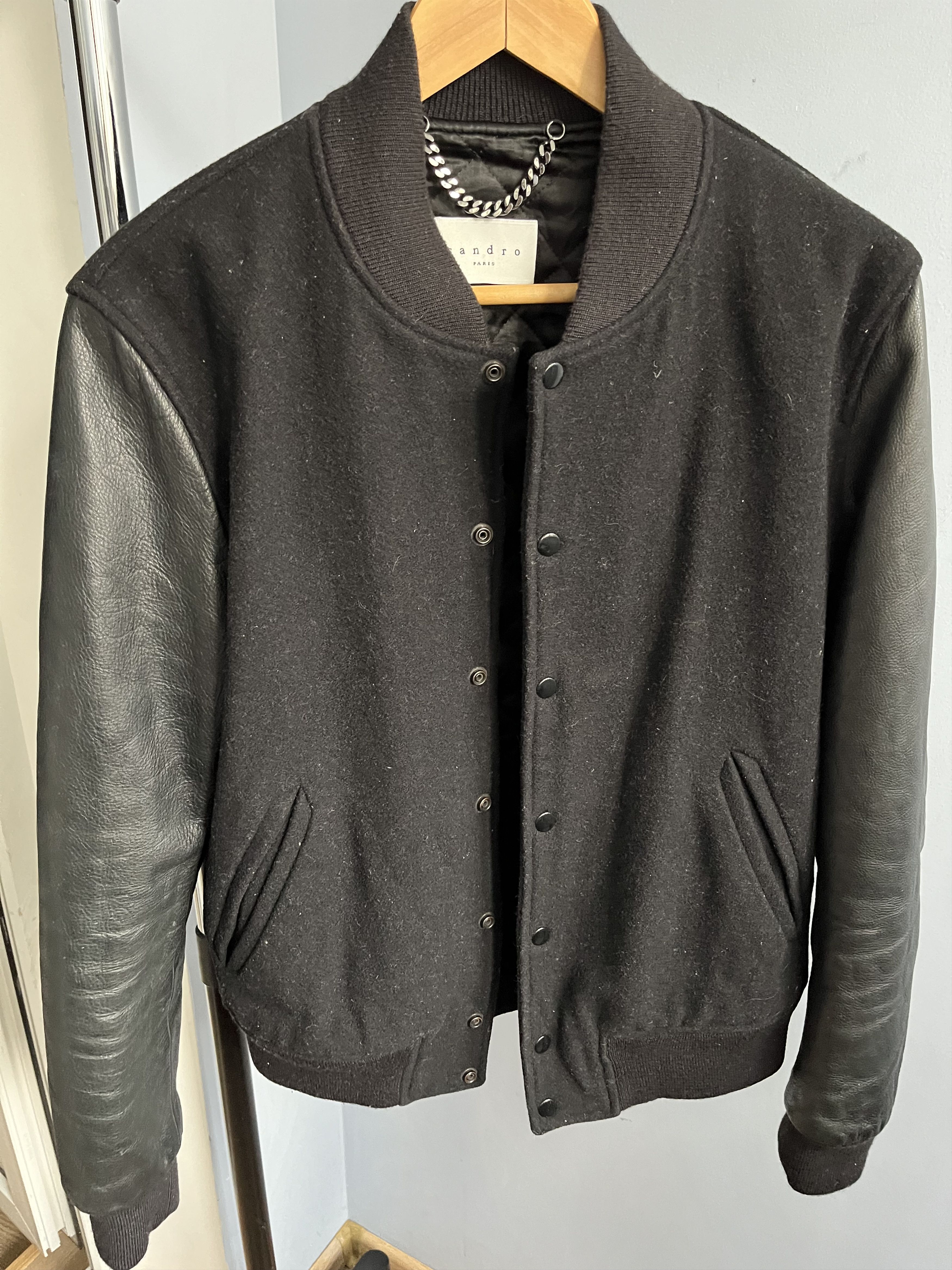 SANDRO Paris wool bomber varsity jacket leather sleeves