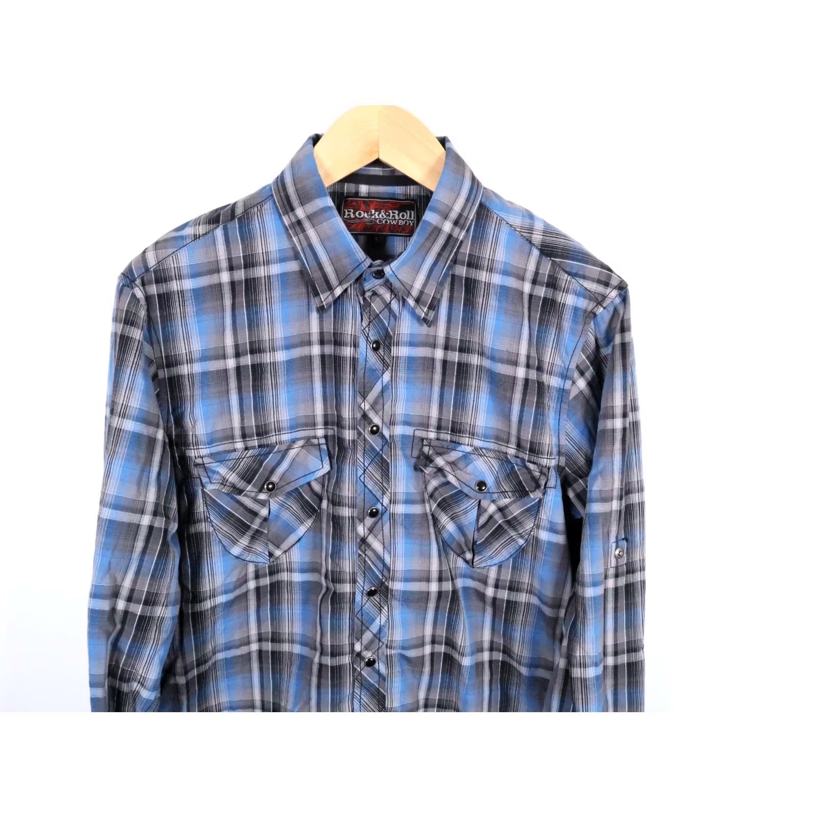 Vintage Rock & Roll Cowboy Shirt Men's Large Blue Plaid Pearl Snap Roll Tab Sleeves Size US L / EU 52-54 / 3 - 4 Thumbnail