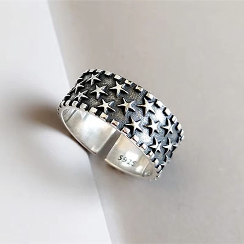 Jewelry x Vintage Star Pattern Cuff Rings in Silver, Men's