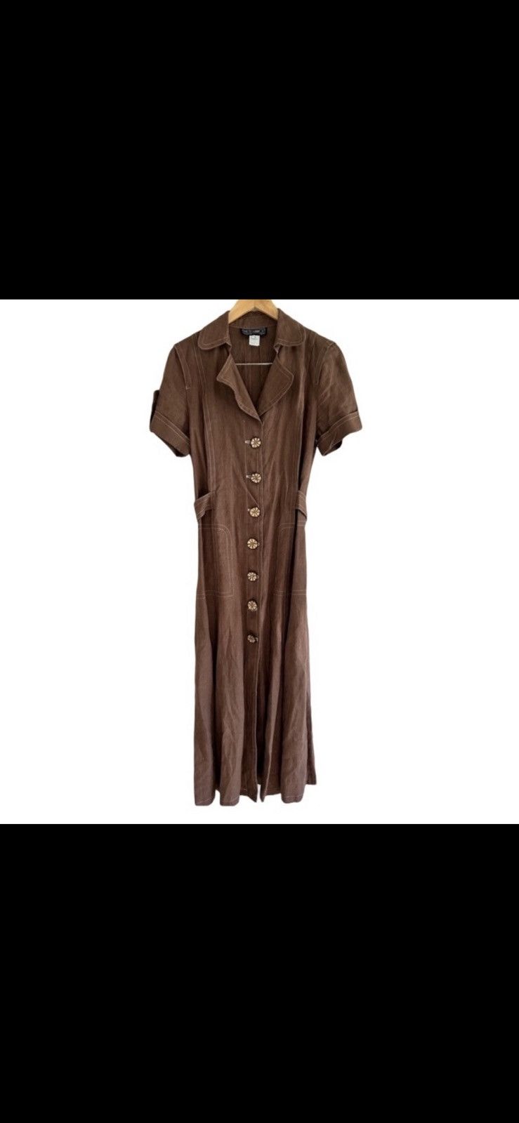 Vintage Vtg Francesca Mammoliti Brown Linen Button Down Pocket Dress Size L / US 10 / IT 46 - 2 Thumbnail
