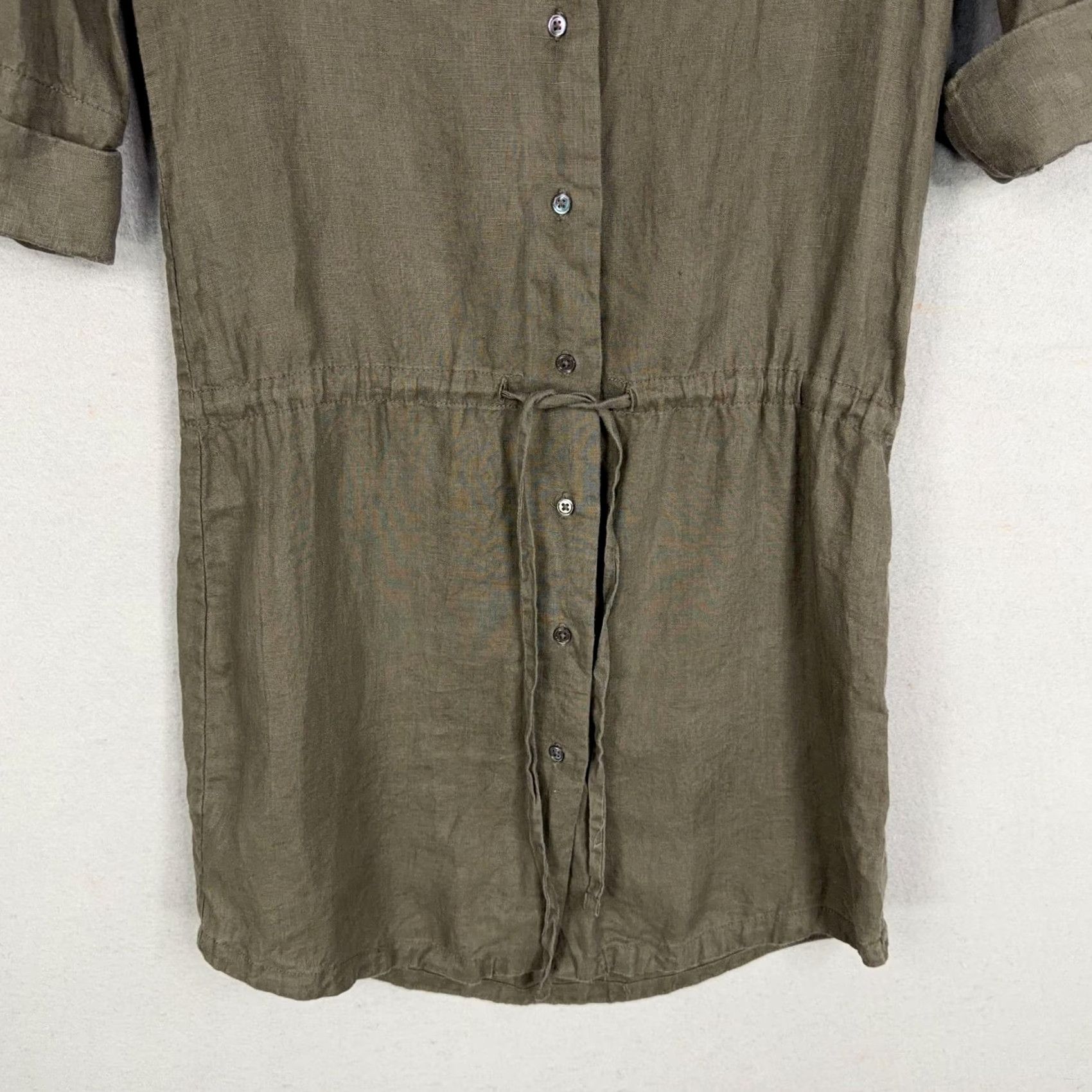 James Perse VINTAGE James Perse Shirt Dress Womens S Green Linen Button Front Tunic 3/4 Sleeve Rounded Neck Pockets Lightweight Casual Size S / US 4 / IT 40 - 3 Thumbnail