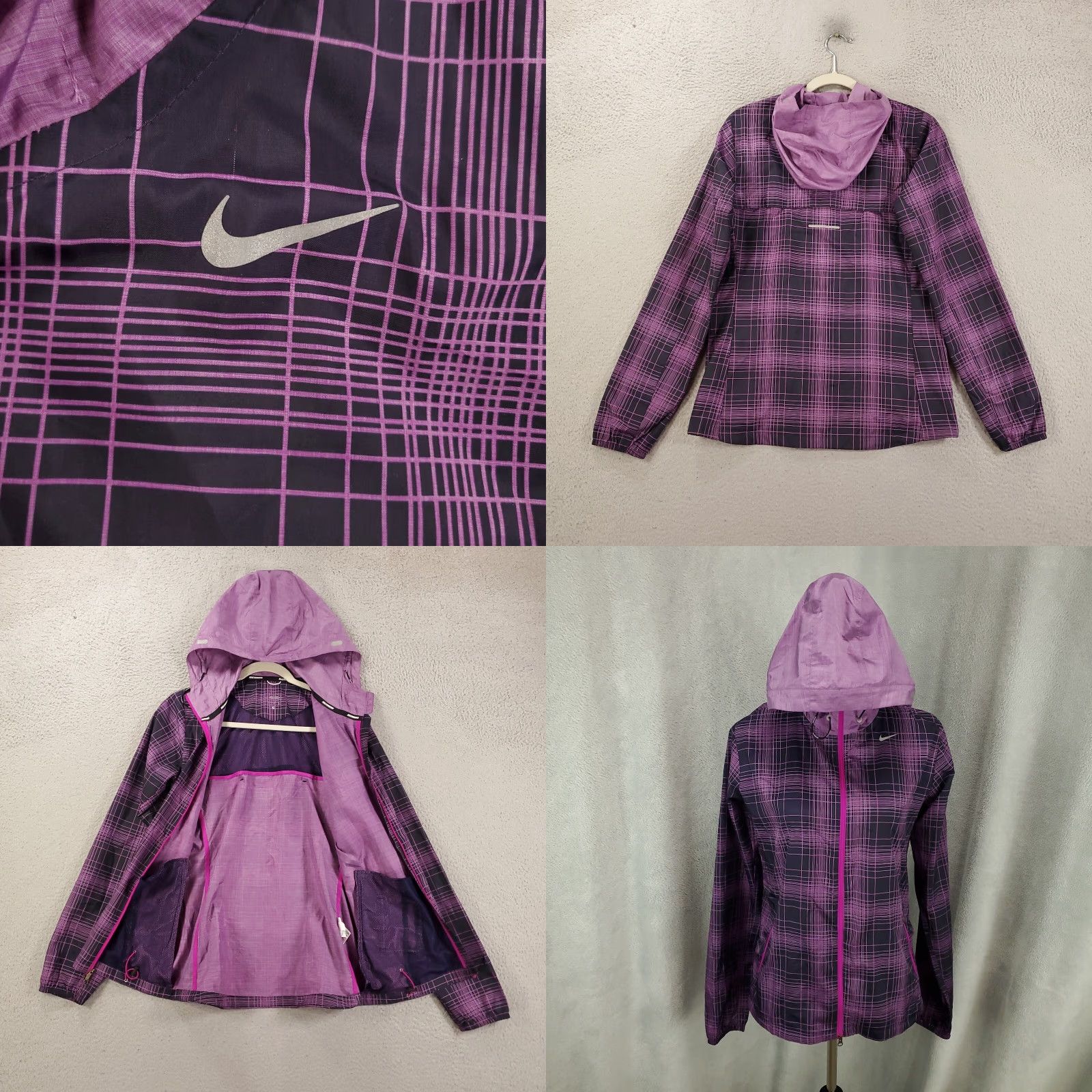 Nike Nike Running Jacket Womens S Black Purple Plaid Hooded Full Zip Lightweight Windbreaker Athletic Spring Fall Summer Winter Activewear Size S / US 4 / IT 40 - 8 Thumbnail