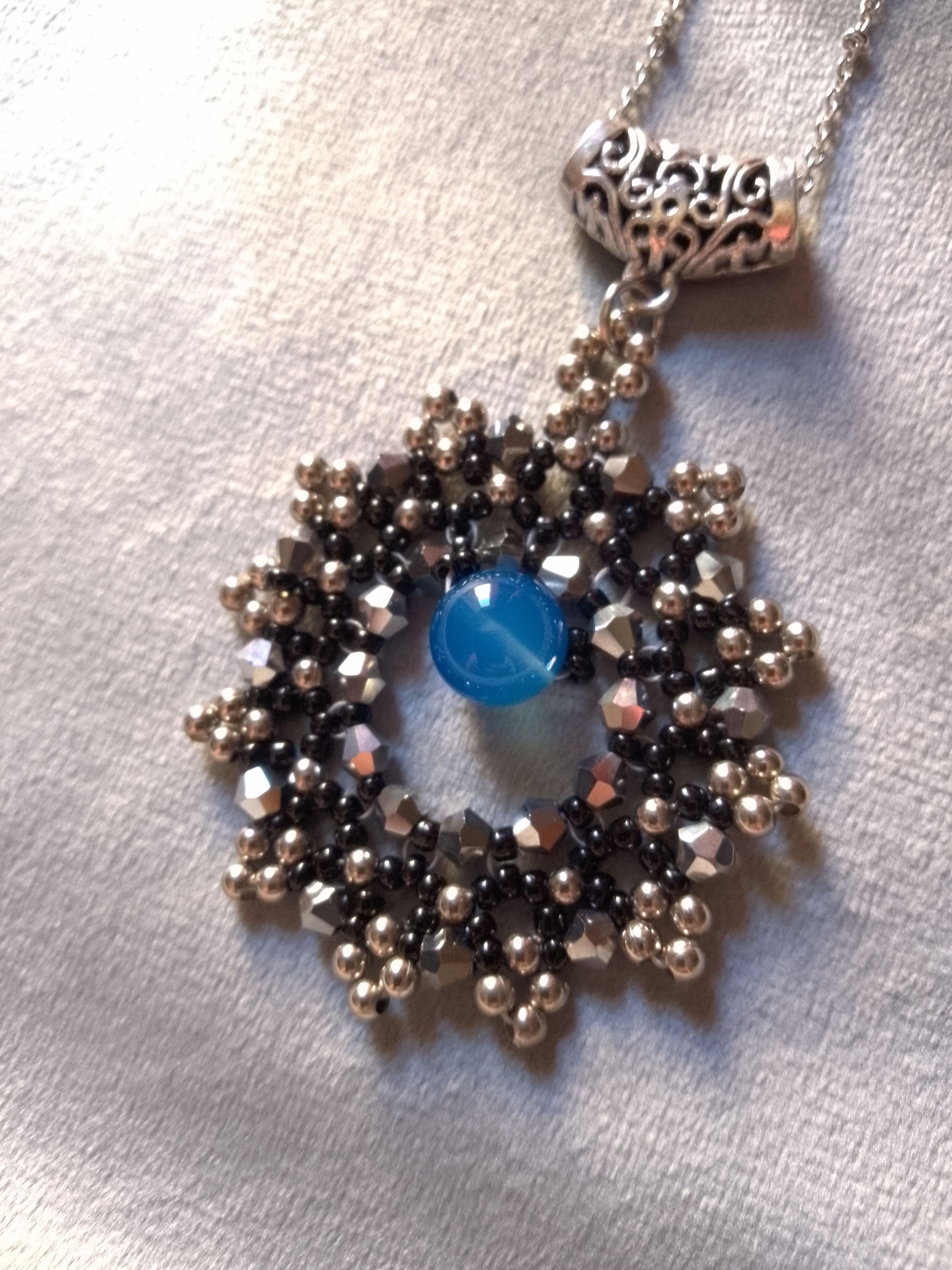 Handmade Long Necklace Rhodium plated. Blue Agate gemstone pendant Size ONE SIZE - 2 Thumbnail