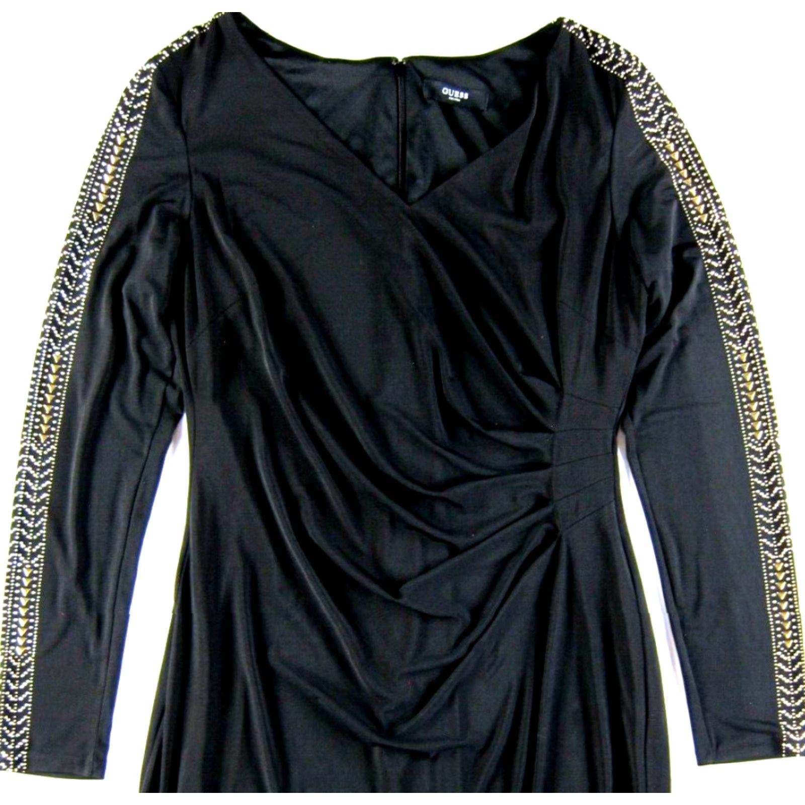 Guess GUESS Black Stretch Ruche Silver Studded Beaded V-Neck Long Sleeve Sheath Dress L Size L / US 10 / IT 46 - 4 Thumbnail