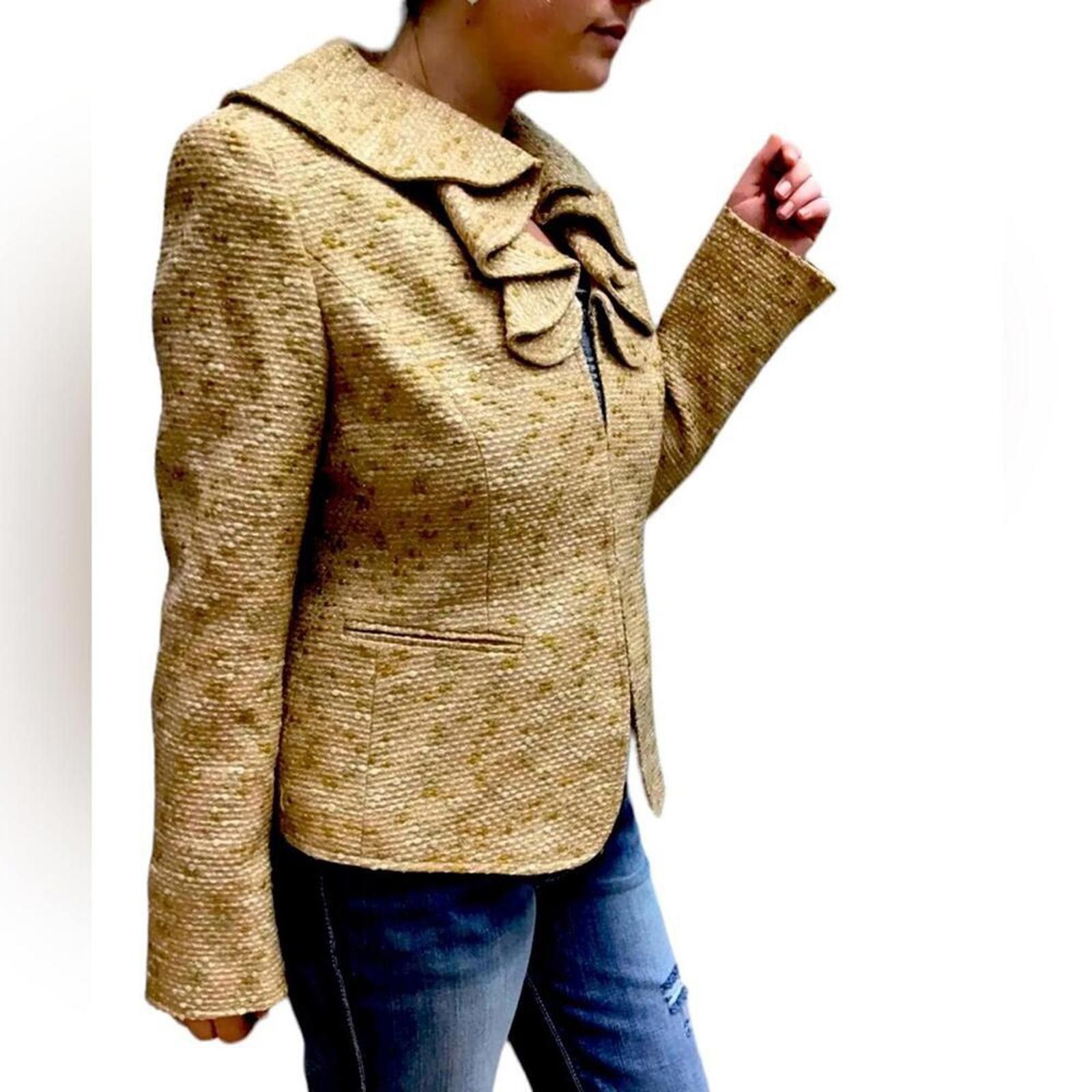 Designer Y2K Lafayette 148 Nude & Gold Wool Blend Tweed Jacket Size L / US 10 / IT 46 - 6 Thumbnail