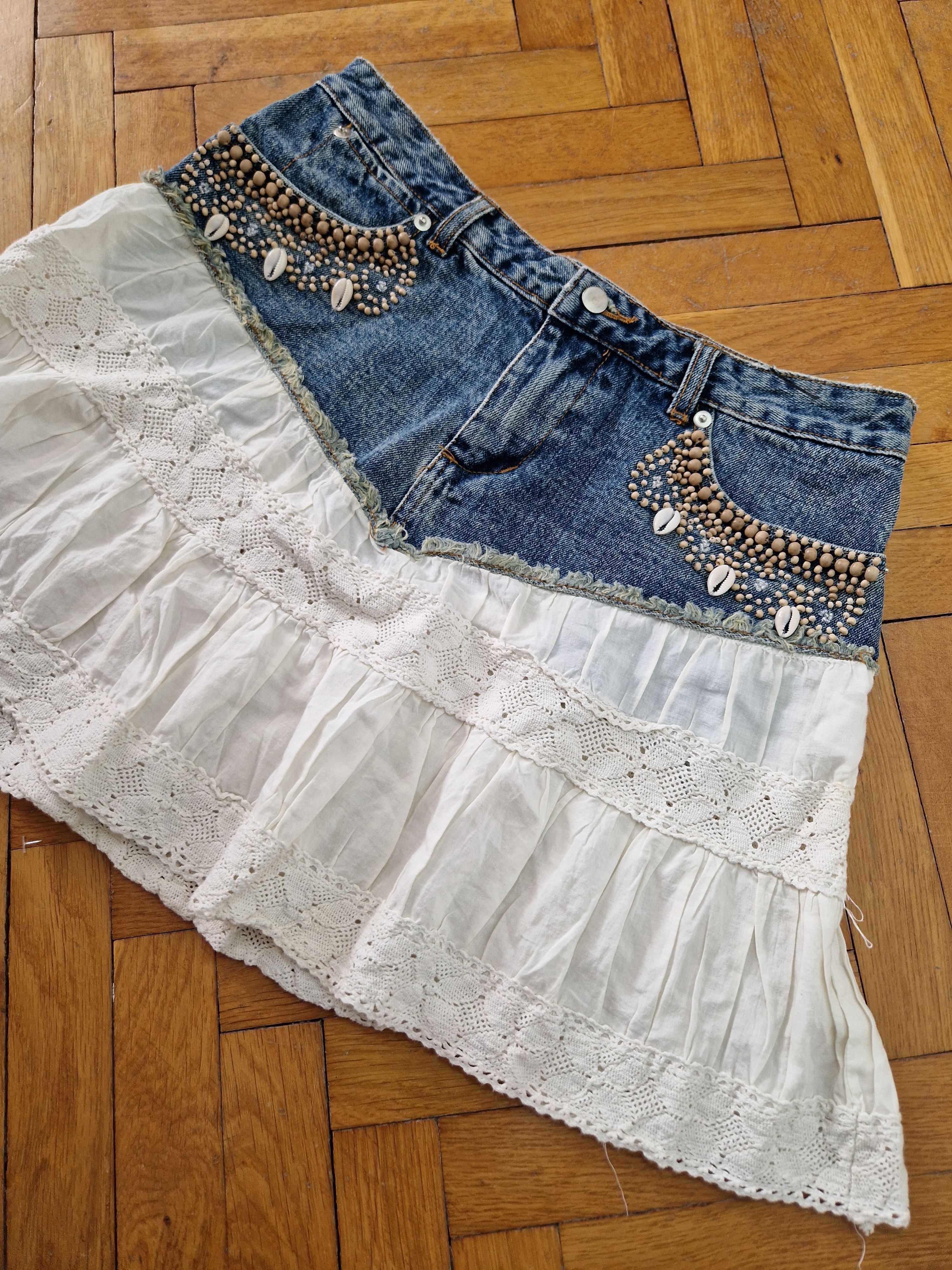 Vintage vintage embroidered shells denim lace white skirt Size 27" / US 4 / IT 40 - 5 Thumbnail