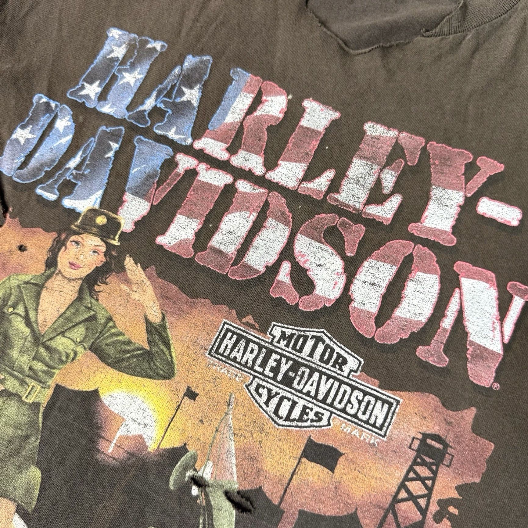 Harley Davidson VINTAGE Harley-Davidson T Shirt Mens L Brown Morgantown Army Rare Distressed Cut Off Graphic Print Crew Neck 2000s USA Y2K Harley Davidson Mens Size US L / EU 52-54 / 3 - 3 Thumbnail