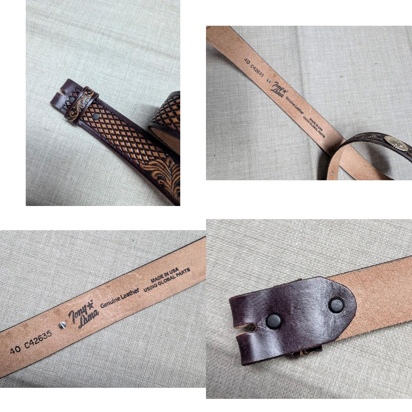 Tony Lama VINTAGE Tony Lama belt Western Belt 40 Tooled Buckle USA Made Brown Leather Men Size 40 - 8 Thumbnail