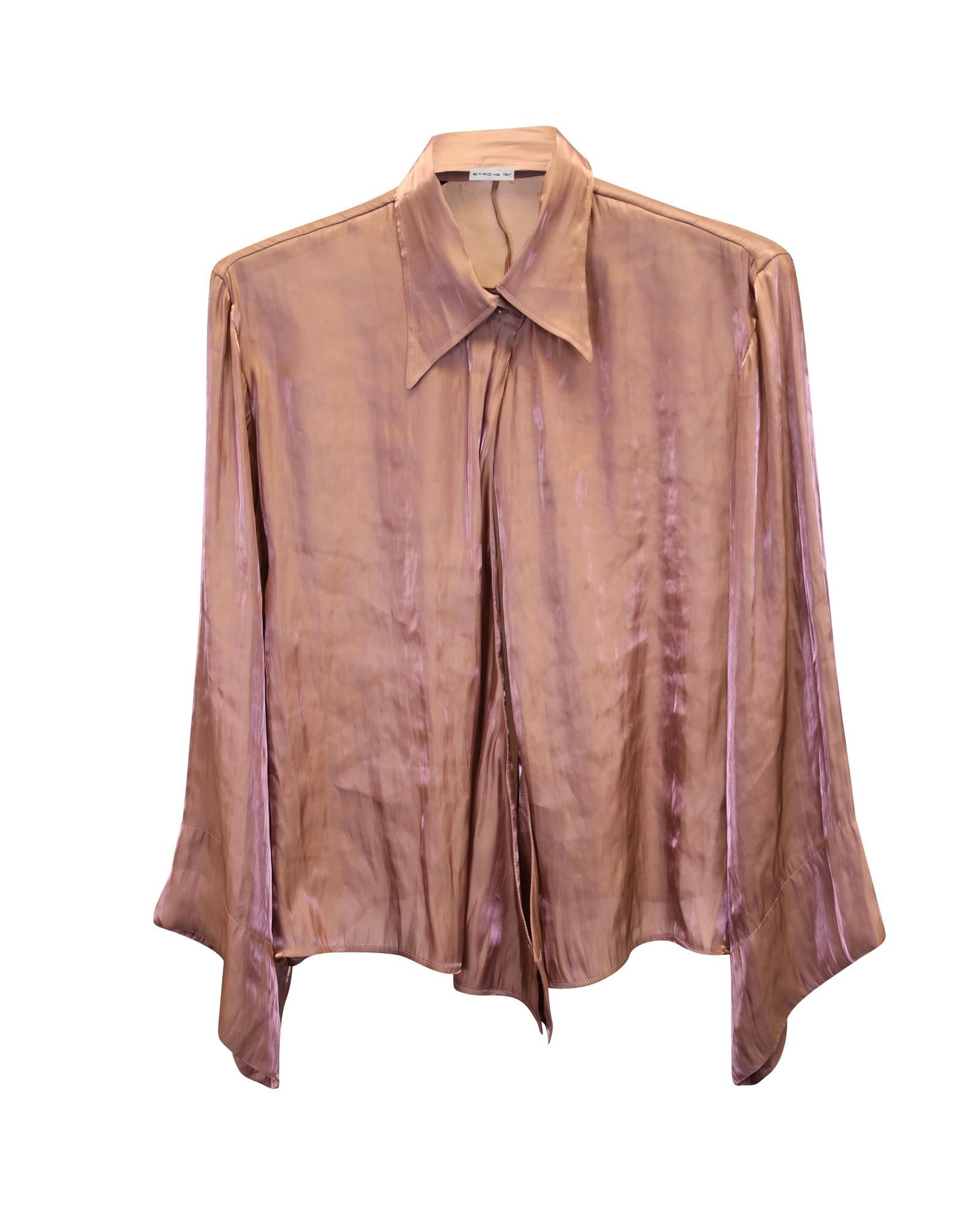 image of Tie-Front Long Sleeve Beige Blouse In Polyester Silk By Etro, Women's (Size Small)