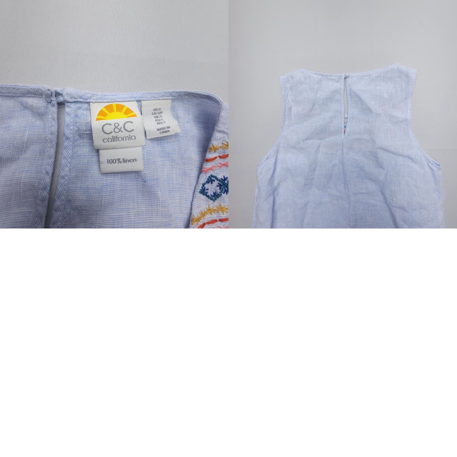 Vintage C&C California Dress Women S Blue Floral Linen Embroidered Knee Length Bohemian Beach Size S / US 4 / IT 40 - 8 Thumbnail