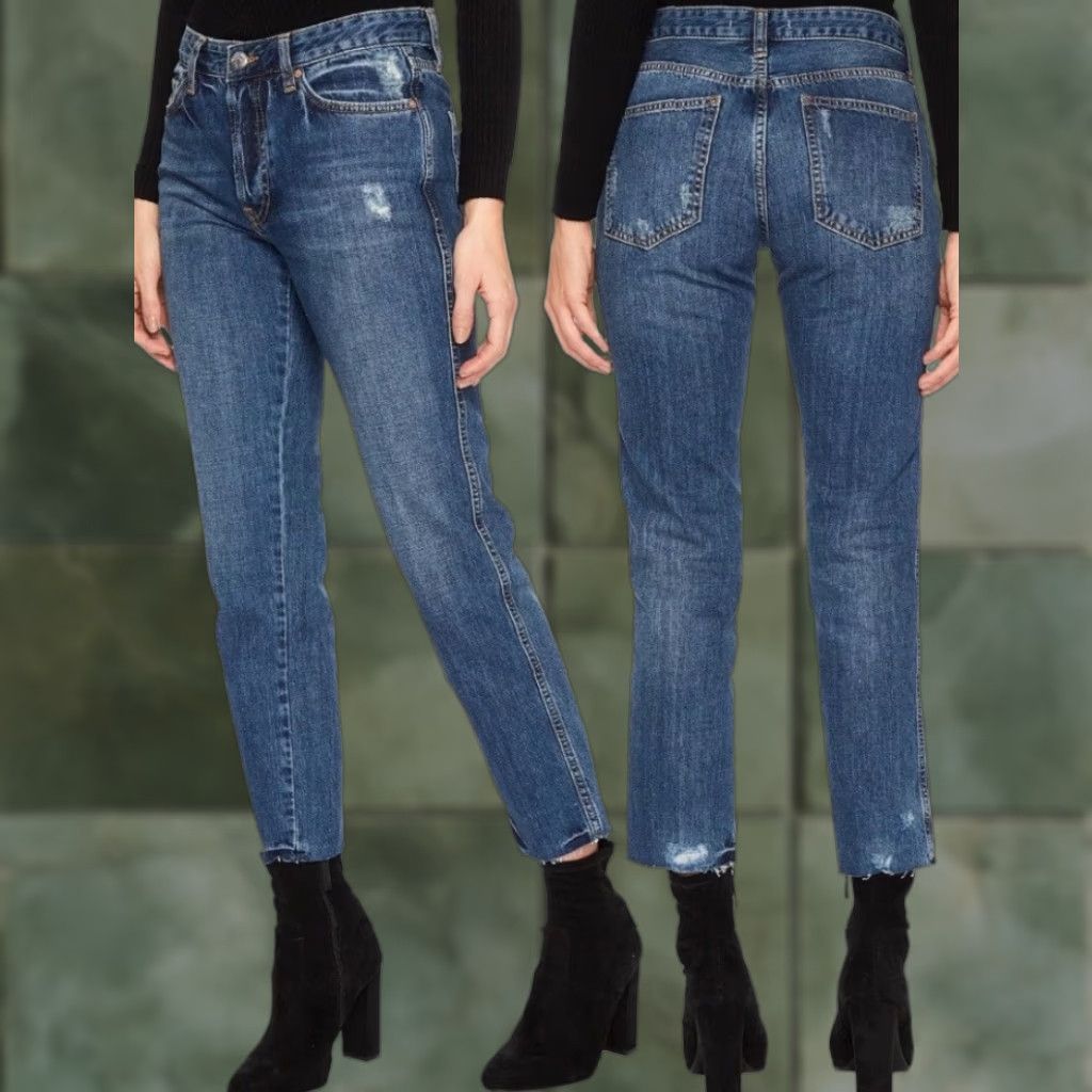 Free People We The Free Slim Boyfriend Distressed Raw Hem Jeans 27 Blue 100% Cotton Womens Regular Jeans 26.5 Inseam Size 27" / US 4 / IT 40 - 1 Thumbnail