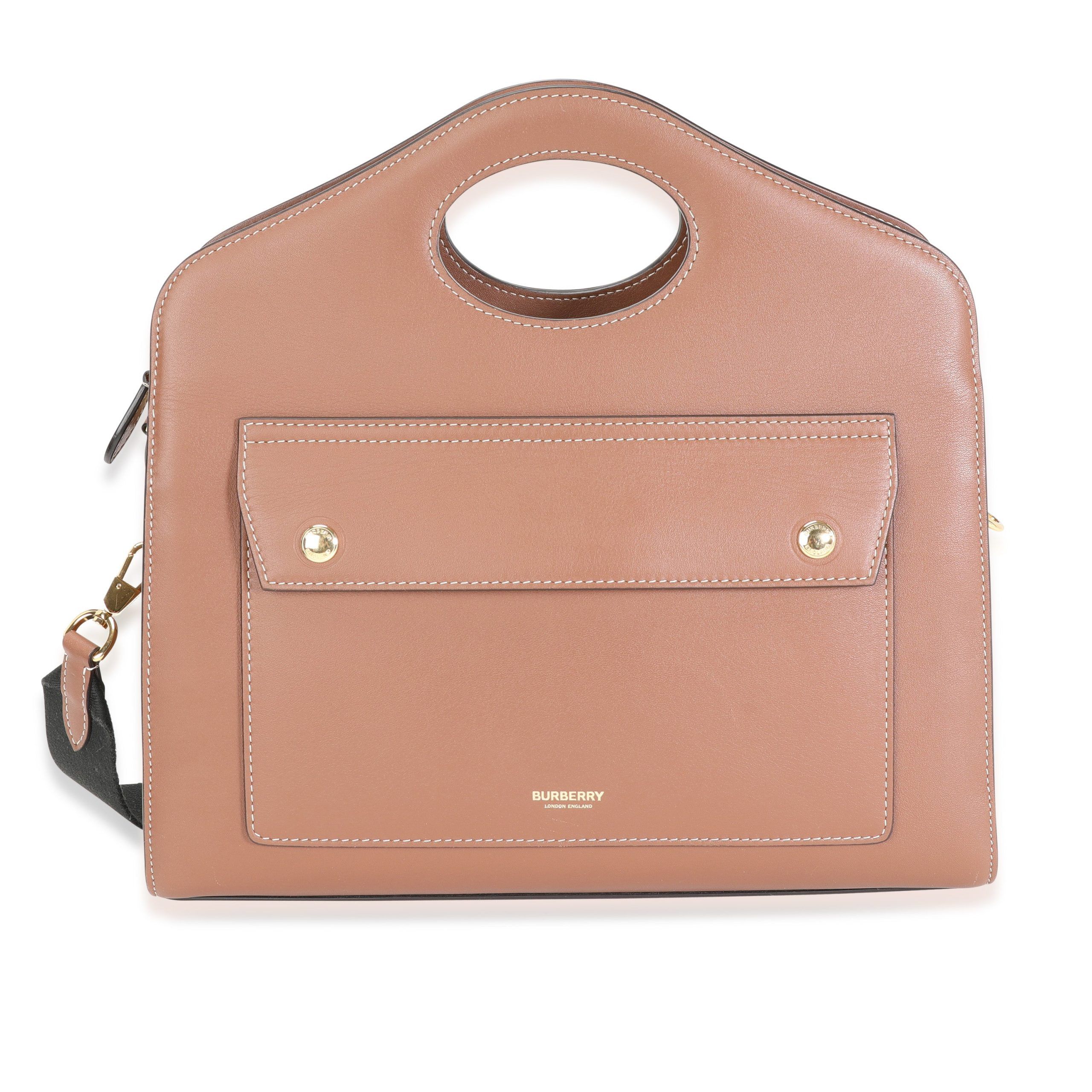 image of Burberry Malt Brown Calfskin Topstitched Leather Small Pocket Tote, Women's