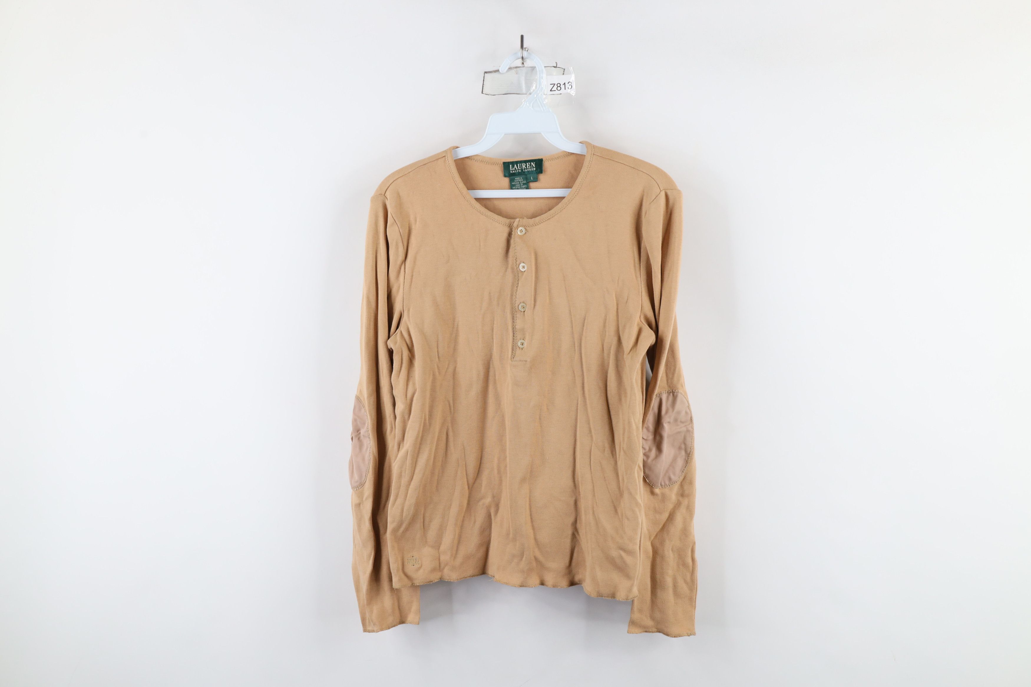 Ralph Lauren × Vintage Vintage 90s Ralph Lauren Knit Henley T-Shirt Beige USA Size L / US 10 / IT 46 - 1 Thumbnail