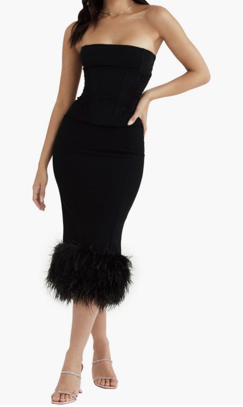 image of House Of Cb Fionula Strapless Feather Hem Midi Dress in Black, Women's (Size XS)